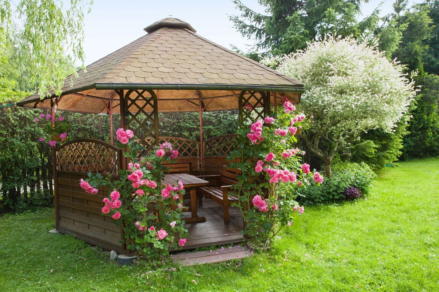 Garden pergola installation in Solihull with climbing flowers and decorative planting